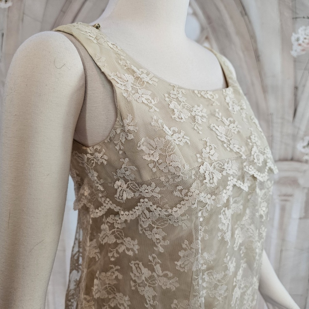 Vintage 1960's Dress Shift Beige Lace Overlay Empire Waist Mod Formal - Picture 4 of 14